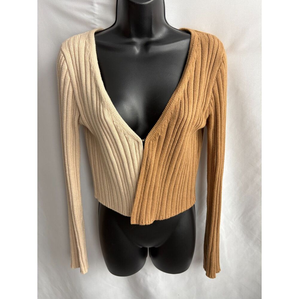 Et Clet Colorblock Knit Cropped Cardigan Sweater One Hook Size S Brown Cream